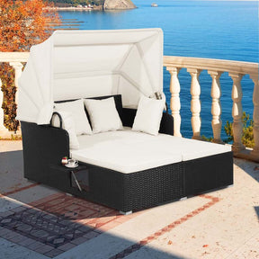 Patio Rattan Daybed, Outdoor Wicker Double Sun Lounger with Retractable Canopy, 2 Foldable Side Trays & Thick Cushions for Garden Poolside, Porch