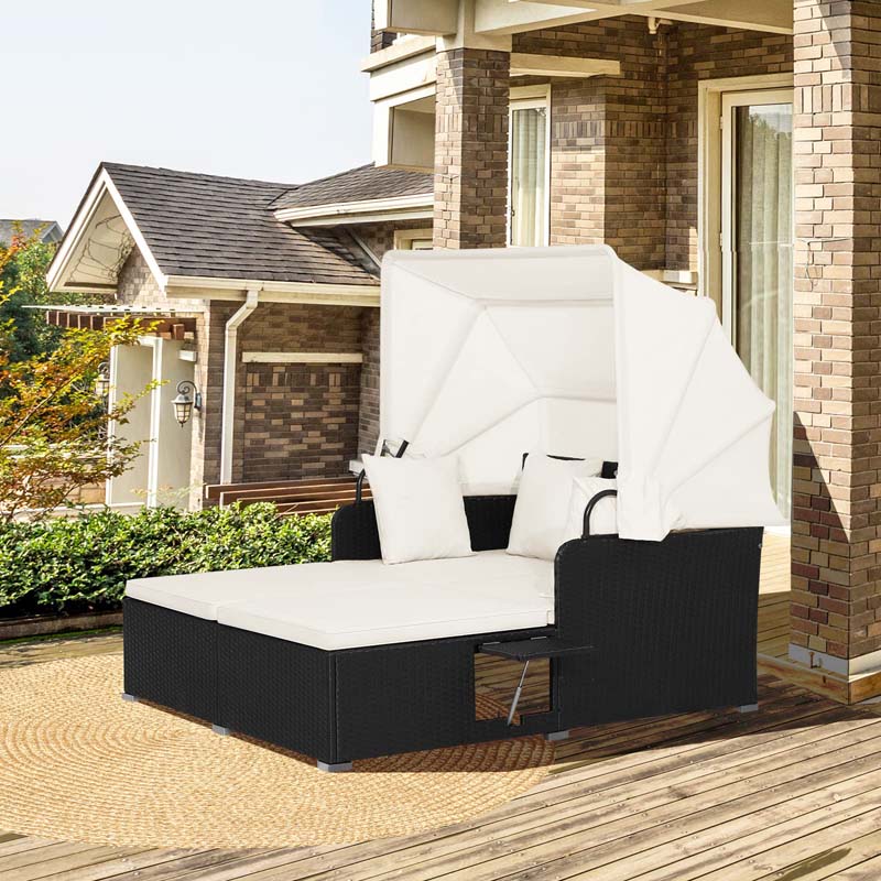 Patio Rattan Daybed, Outdoor Wicker Double Sun Lounger with Retractable Canopy, 2 Foldable Side Trays & Thick Cushions for Garden Poolside, Porch