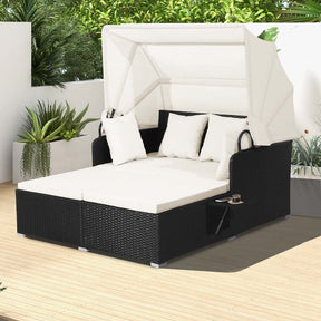 Patio Rattan Daybed, Outdoor Wicker Double Sun Lounger with Retractable Canopy, 2 Foldable Side Trays & Thick Cushions for Garden Poolside, Porch