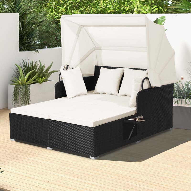 Patio Rattan Daybed, Outdoor Wicker Double Sun Lounger with Retractable Canopy, 2 Foldable Side Trays & Thick Cushions for Garden Poolside, Porch