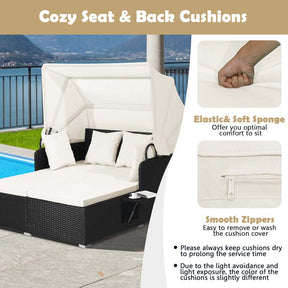 Patio Rattan Daybed, Outdoor Wicker Double Sun Lounger with Retractable Canopy, 2 Foldable Side Trays & Thick Cushions for Garden Poolside, Porch