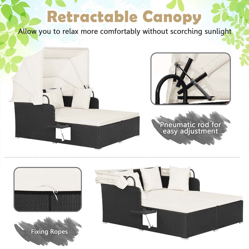 Patio Rattan Daybed, Outdoor Wicker Double Sun Lounger with Retractable Canopy, 2 Foldable Side Trays & Thick Cushions for Garden Poolside, Porch