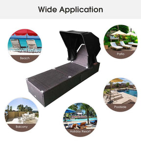 Cushioned Rattan Outdoor Chaise Lounge Chair Sun Lounger 5-Position with Folding Canopy & Flip-up Tea Table