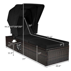 Cushioned Rattan Outdoor Chaise Lounge Chair Sun Lounger 5-Position with Folding Canopy & Flip-up Tea Table