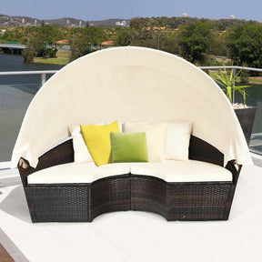 Rattan Wicker Patio Round Daybed with Retractable Canopy & Coffee Table, Outdoor Sectional Furniture Sofa Set