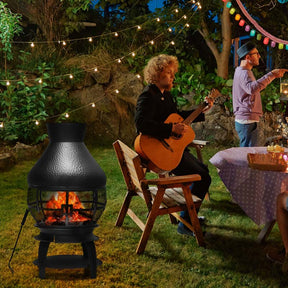 Wood Burning Chiminea Fire Pit, Outdoor Chimenea Fireplace with 2-Piece Log Grate, Rain Cap, Fire Poker & Fire Retardant Mesh Cover for Garden Patio