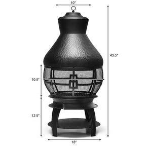Wood Burning Chiminea Fire Pit, Outdoor Chimenea Fireplace with 2-Piece Log Grate, Rain Cap, Fire Poker & Fire Retardant Mesh Cover for Garden Patio