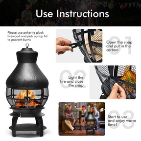 Wood Burning Chiminea Fire Pit, Outdoor Chimenea Fireplace with 2-Piece Log Grate, Rain Cap, Fire Poker & Fire Retardant Mesh Cover for Garden Patio