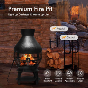 Wood Burning Chiminea Fire Pit, Outdoor Chimenea Fireplace with 2-Piece Log Grate, Rain Cap, Fire Poker & Fire Retardant Mesh Cover for Garden Patio