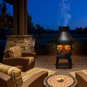 Wood Burning Chiminea Fire Pit, Outdoor Chimenea Fireplace with 2-Piece Log Grate, Rain Cap, Fire Poker & Fire Retardant Mesh Cover for Garden Patio