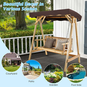 2-Person Wooden Porch Swing Bench Chair, A-Frame Outdoor Patio Swing with Adjustable Canopy