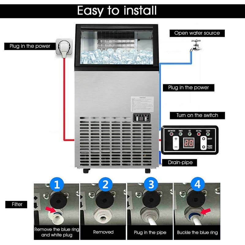 110 LBS/24H Undercounter Commercial Ice Maker, Stainless Steel Built-in Self-Cleaning Ice Machine w/ 33LBS Storage & 24H Timer for Home Bar Restaurant