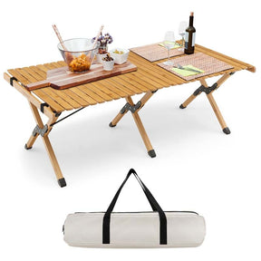 Folding Camping Table Portable Picnic Table with Carry Bag, Roll-up Bamboo Tabletop for BBQ Party Hiking