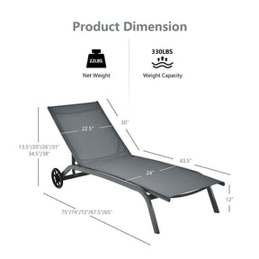 Quick-Drying Outdoor Chaise Lounge Chair with Wheels, 6-Position Patio Beach Pool Lounge Chair Lawn Sun Lounger