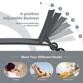 Quick-Drying Outdoor Chaise Lounge Chair with Wheels, 6-Position Patio Beach Pool Lounge Chair Lawn Sun Lounger
