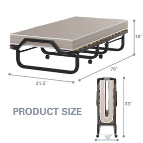 Rollaway Bed with 4 Inch Mattress for Adults, Portable Folding Guest Bed Sleeper Bed Cot on Wheels for Home Office, Made in Italy
