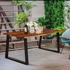 Rustic Acacia Wood Dining Table with Metal Legs, Rectangular Picnic Table for Indoor Outdoor Use