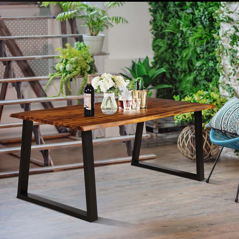 Rustic Acacia Wood Dining Table with Metal Legs, Rectangular Picnic Table for Indoor Outdoor Use