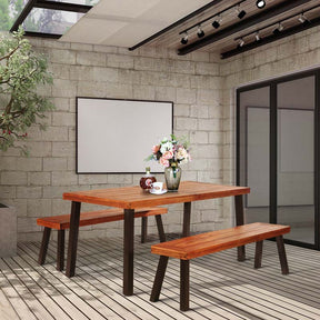 67.5" Rectangular Acacia Wood Patio Dining Table w/ Umbrella Hole, Modern Rustic Indoor Outdoor Table with Heavy-Duty Metal Legs for Garden, Poolside