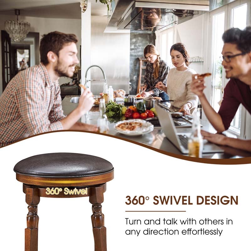 24" Backless Swivel Bar Stools Set of 2/4, Rubber Wood Counter Height Bar Chairs with Faux Leather Padded Seat for Kitchen Island, Pub, Cafe