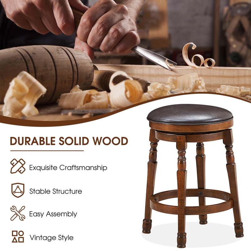 24" Backless Swivel Bar Stools Set of 2/4, Rubber Wood Counter Height Bar Chairs with Faux Leather Padded Seat for Kitchen Island, Pub, Cafe