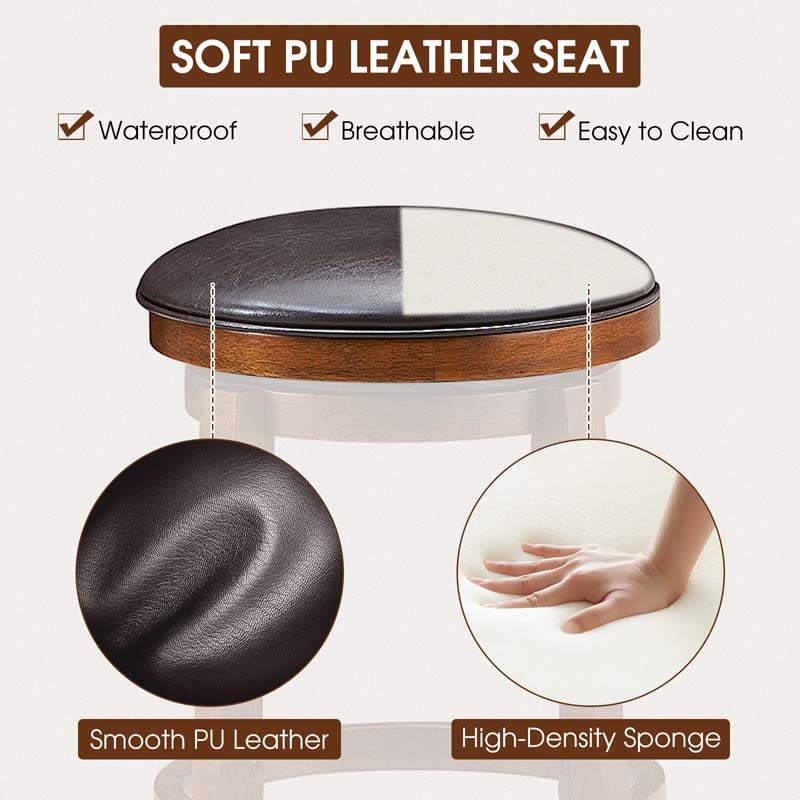 24" Backless Swivel Bar Stools Set of 2/4, Rubber Wood Counter Height Bar Chairs with Faux Leather Padded Seat for Kitchen Island, Pub, Cafe