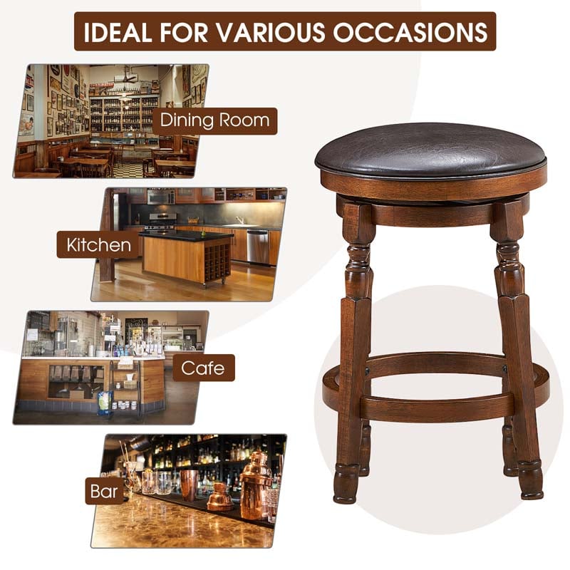 24" Backless Swivel Bar Stools Set of 2/4, Rubber Wood Counter Height Bar Chairs with Faux Leather Padded Seat for Kitchen Island, Pub, Cafe