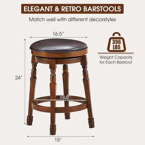 24" Backless Swivel Bar Stools Set of 2/4, Rubber Wood Counter Height Bar Chairs with Faux Leather Padded Seat for Kitchen Island, Pub, Cafe