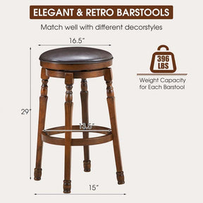 29" Backless Swivel Bar Stools, Round Rubber Wood Bar Height Stool with Faux Leather Padded Seat & Footrest for Kitchen Island, Pub Cafe