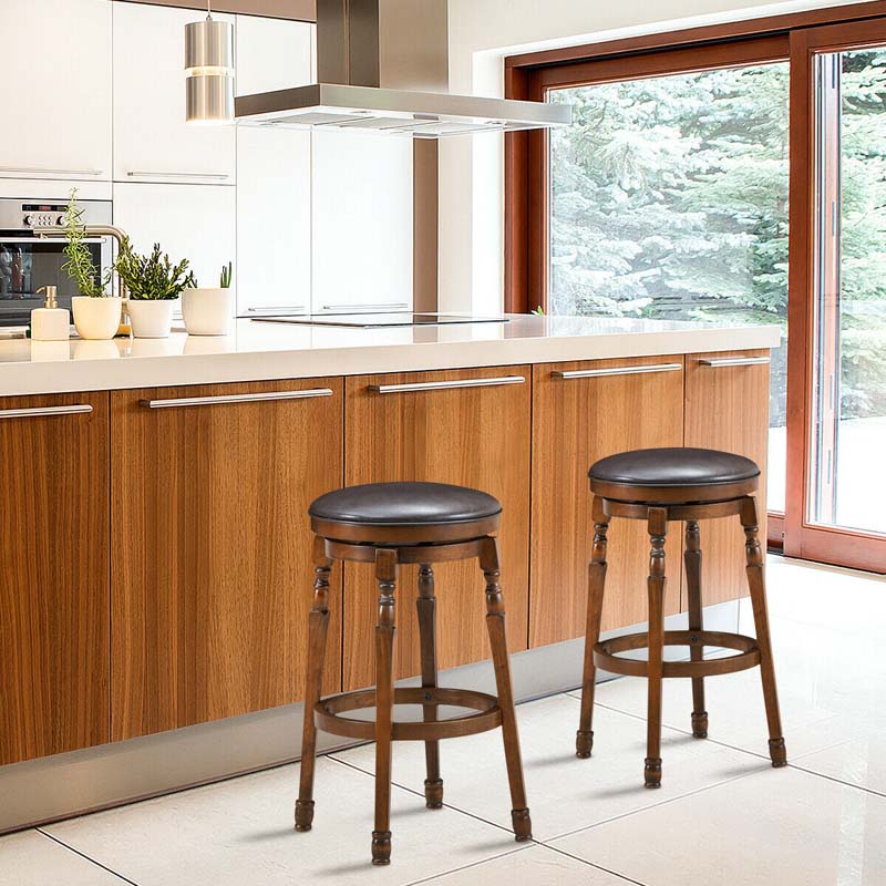 29" Backless Swivel Bar Stools, Round Rubber Wood Bar Height Stool with Faux Leather Padded Seat & Footrest for Kitchen Island, Pub Cafe