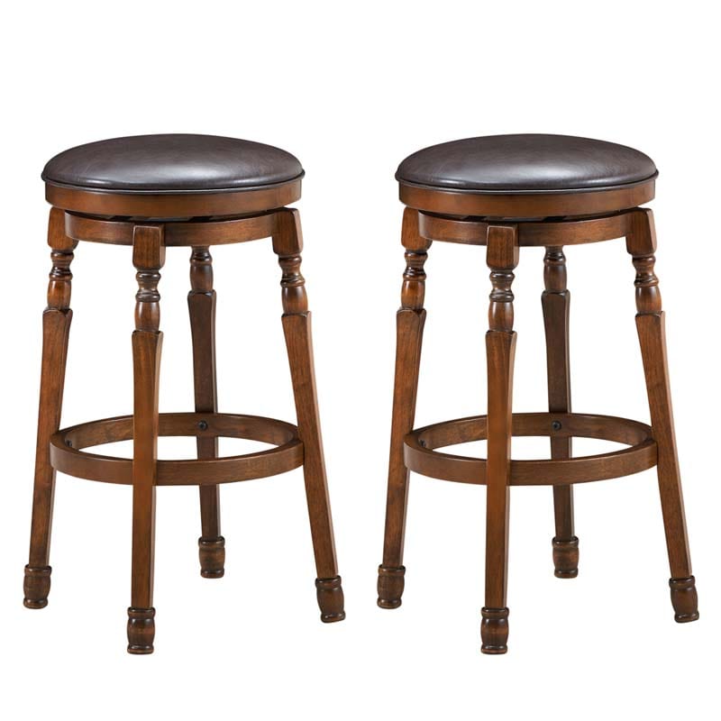 29" Backless Swivel Bar Stools, Round Rubber Wood Bar Height Stool with Faux Leather Padded Seat & Footrest for Kitchen Island, Pub Cafe