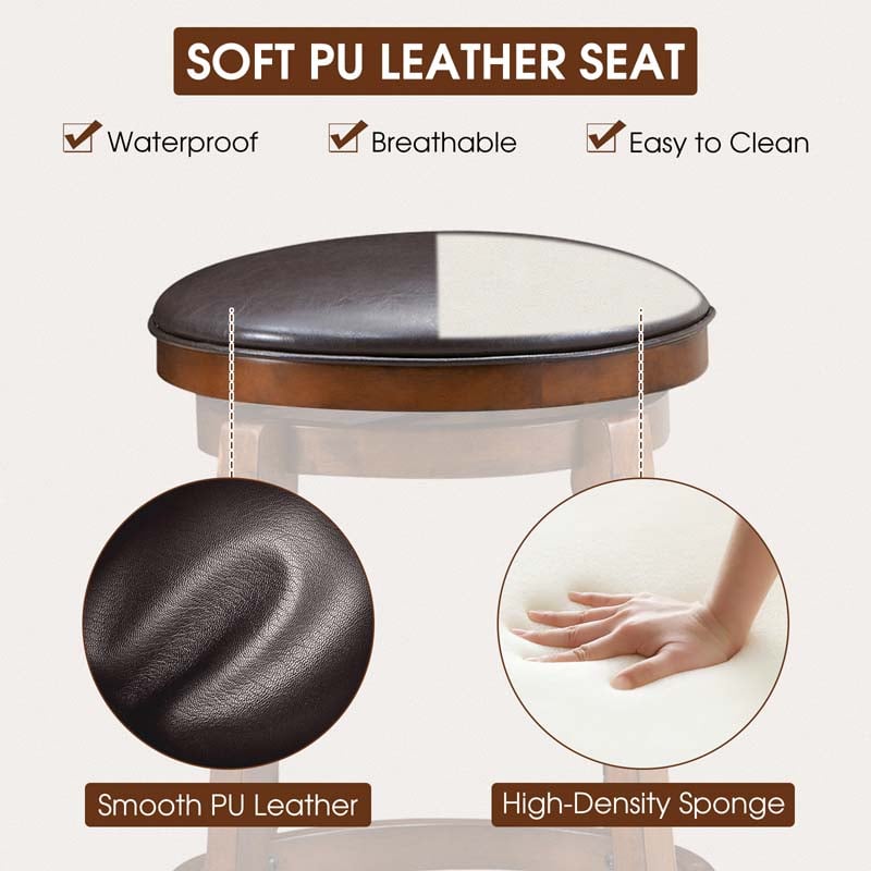 29" Backless Swivel Bar Stools, Round Rubber Wood Bar Height Stool with Faux Leather Padded Seat & Footrest for Kitchen Island, Pub Cafe