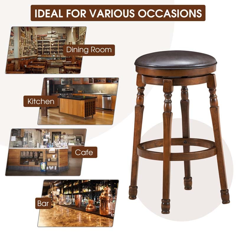 29" Backless Swivel Bar Stools, Round Rubber Wood Bar Height Stool with Faux Leather Padded Seat & Footrest for Kitchen Island, Pub Cafe