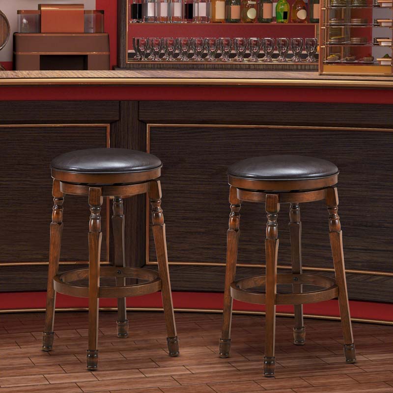 29" Backless Swivel Bar Stools, Round Rubber Wood Bar Height Stool with Faux Leather Padded Seat & Footrest for Kitchen Island, Pub Cafe