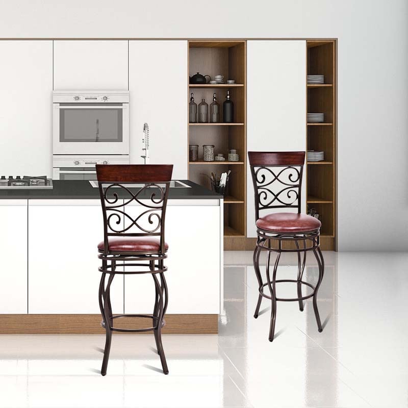 30" Vintage Metal Swivel Bar Stools Set of 2, Bar Height Dining Chairs with Back & Upholstered PU Leather Padded Seat for Pub, Kitchen Island