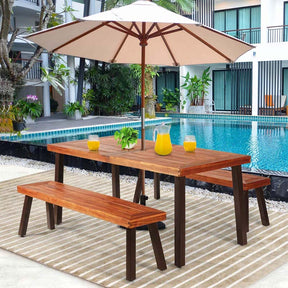 Set of 2 Rustic Acacia Wood Bench with Metal Legs, Indoor & Outdoor Dining Bench Patio Picnic Bench