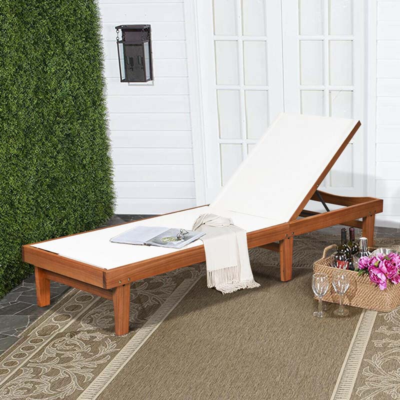 Eucalyptus Wood Outdoor Chaise Lounge Chair, 5-Position Adjustable Patio Recliner Sun Lounger with Breathable Quick-Drying Fabric for Poolside