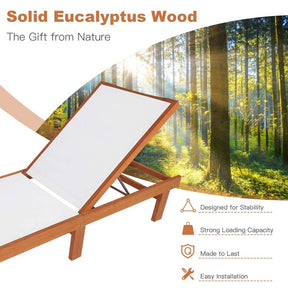 Eucalyptus Wood Outdoor Chaise Lounge Chair, 5-Position Adjustable Patio Recliner Sun Lounger with Breathable Quick-Drying Fabric for Poolside