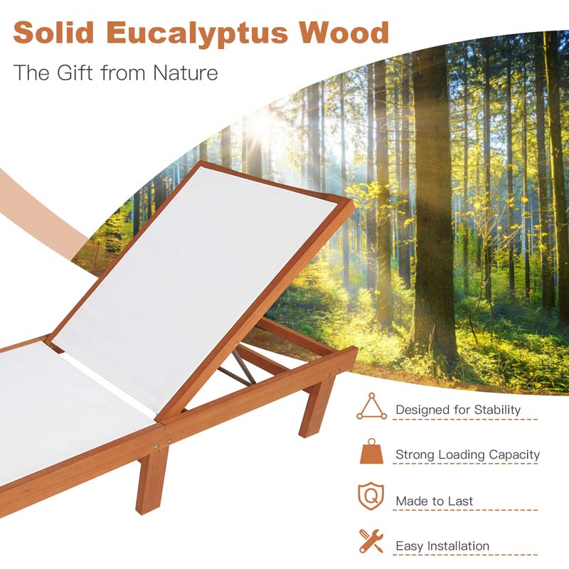 Eucalyptus Wood Outdoor Chaise Lounge Chair, 5-Position Adjustable Patio Recliner Sun Lounger with Breathable Quick-Drying Fabric for Poolside