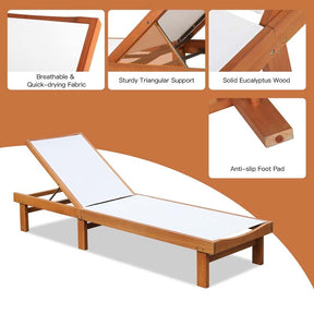 Eucalyptus Wood Outdoor Chaise Lounge Chair, 5-Position Adjustable Patio Recliner Sun Lounger with Breathable Quick-Drying Fabric for Poolside