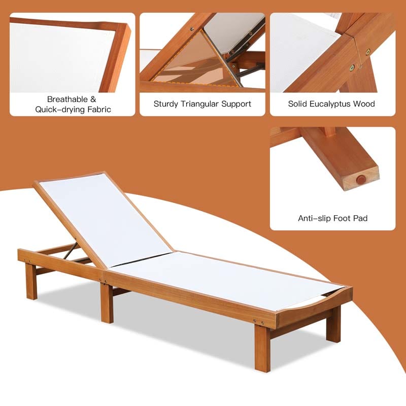Eucalyptus Wood Outdoor Chaise Lounge Chair, 5-Position Adjustable Patio Recliner Sun Lounger with Breathable Quick-Drying Fabric for Poolside