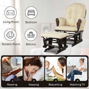 Nursery Glider & Ottoman Set, Upholstered Baby Glider Rocker Chair with Cushion, Storage Pocket, Solid Wood Base for Breastfeeding Napping