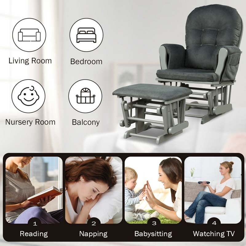 Nursery Glider & Ottoman Set, Upholstered Baby Glider Rocker Chair with Cushion, Storage Pocket, Solid Wood Base for Breastfeeding Napping