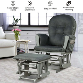 Nursery Glider & Ottoman Set, Upholstered Baby Glider Rocker Chair with Cushion, Storage Pocket, Solid Wood Base for Breastfeeding Napping