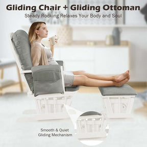 Nursery Glider & Ottoman Set, Upholstered Baby Glider Rocker Chair with Cushion, Storage Pocket, Solid Wood Base for Breastfeeding Napping