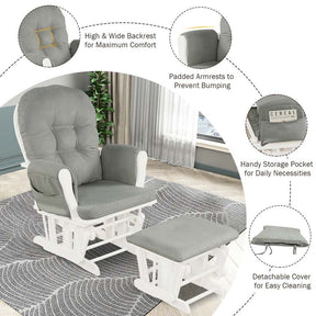 Nursery Glider & Ottoman Set, Upholstered Baby Glider Rocker Chair with Cushion, Storage Pocket, Solid Wood Base for Breastfeeding Napping