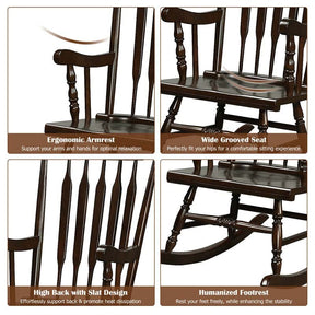 Outdoor Solid Wood Rocking Chair, High Back Porch Rocker Glossy Finish for Patio, Backyard, Balcony, Garden & Indoor Use