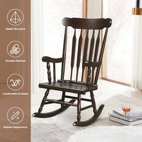 Outdoor Solid Wood Rocking Chair, High Back Porch Rocker Glossy Finish for Patio, Backyard, Balcony, Garden & Indoor Use