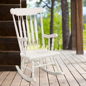 Outdoor Solid Wood Rocking Chair, High Back Porch Rocker Glossy Finish for Patio, Backyard, Balcony, Garden & Indoor Use