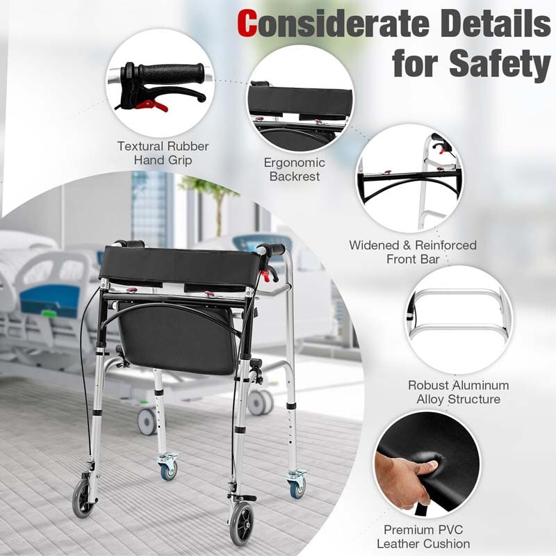 4-in-1 Rolling Walker for Seniors, Folding Stand Up Walker with 5" Wheels, Height Adjustable Medical Walking Mobility Aid